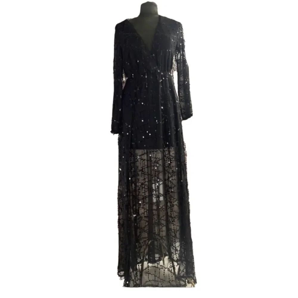 Miss Ord Sequined Black Maxi Dress, Size M, Black Sequins